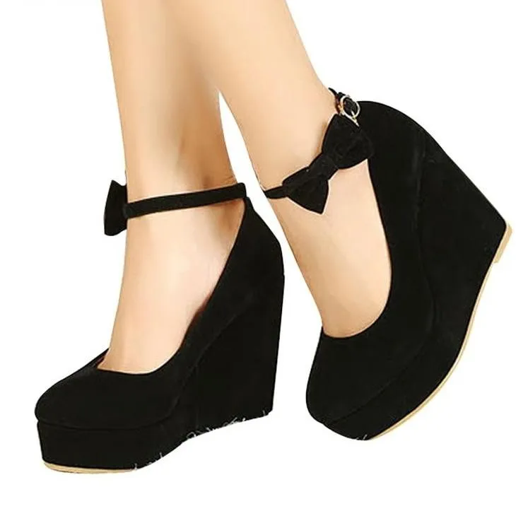 Women's Wedges High Heels Platform Black Casual Bowtie Pumps