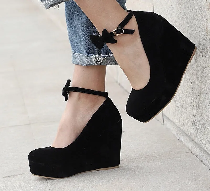 Women's Wedges High Heels Platform Black Casual Bowtie Pumps