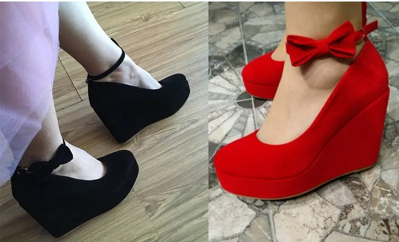 Women's Wedges High Heels Platform Black Casual Bowtie Pumps